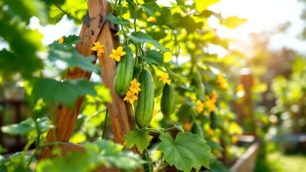 Vining cucumbers growing vertically on a trellis in a raised garden bed.