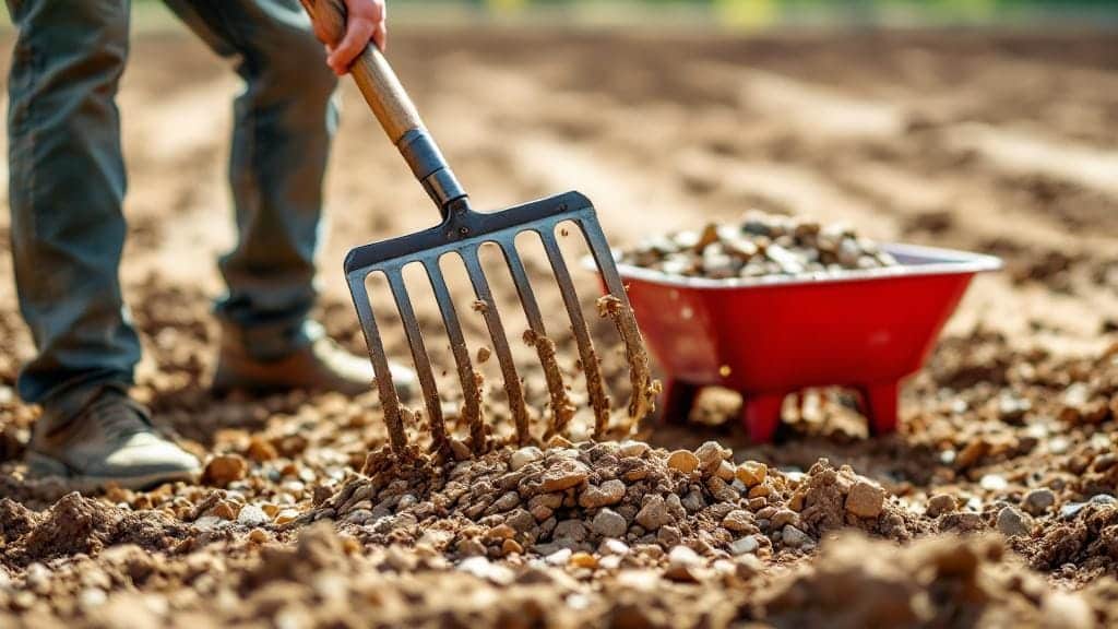 A DIY soil sifter being used to separate rocks from garden soil.