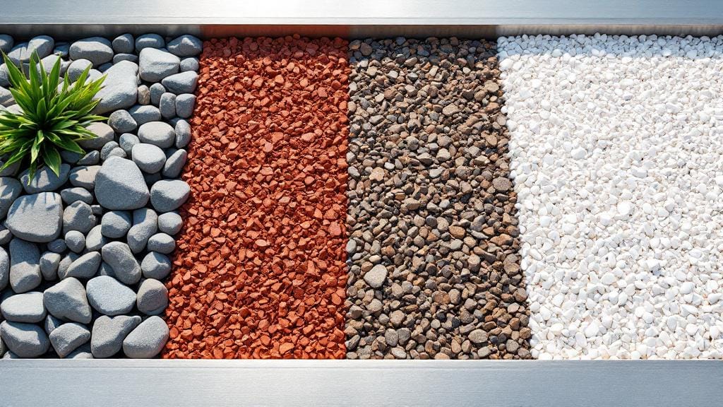 A variety of landscaping rocks including river rock, lava rock, and marble chips for garden design.
