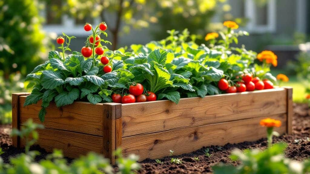 A productive raised garden bed filled with vegetables like tomatoes, kale, and marigolds.