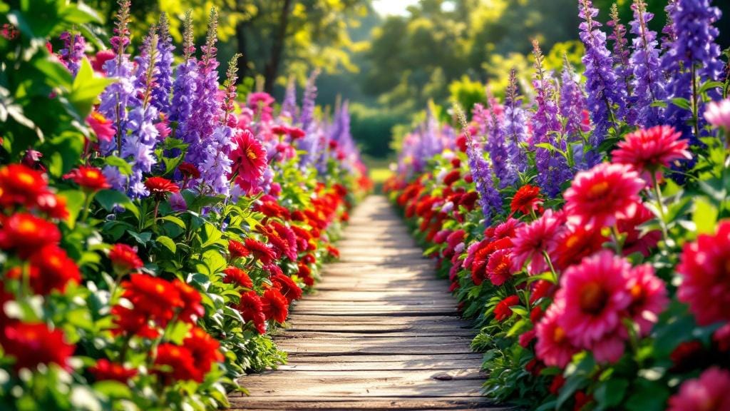 A well-organized cutting garden with rows of zinnias, dahlias, and larkspur in full bloom.