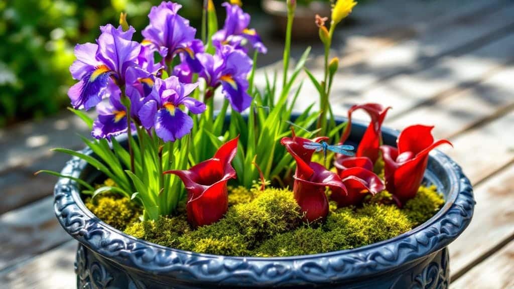 A thriving container bog garden with pitcher plants and irises on a sunny patio.