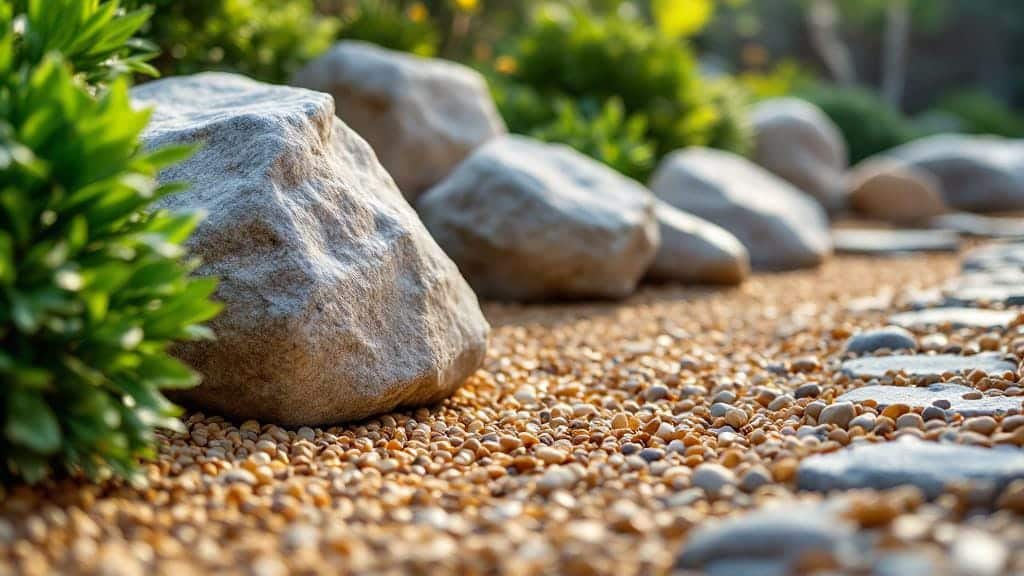 A beautifully landscaped garden featuring different types of landscape rocks and boulders.