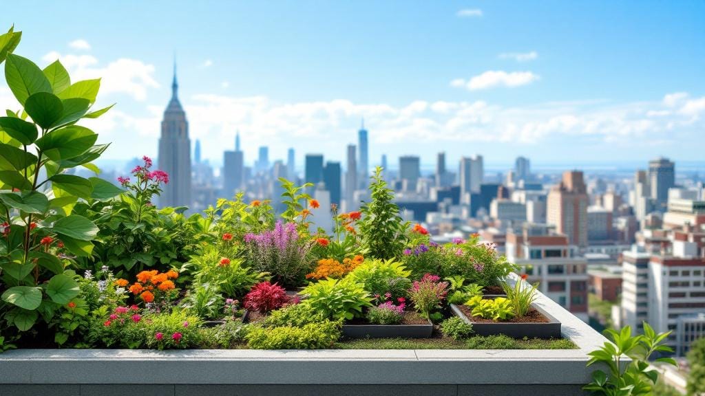 Beautiful rooftop garden with lush green plants and urban farming beds on a modern building.