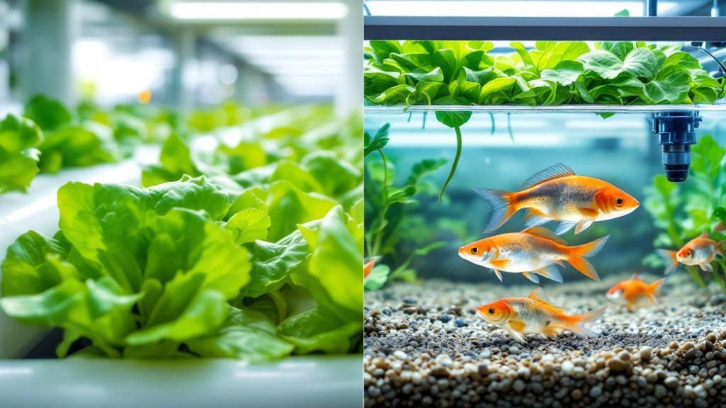 Side by side comparison of a hydroponic system and an aquaponic ecosystem.