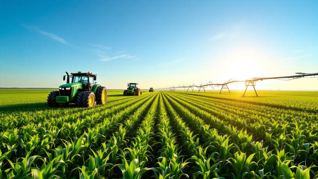 A large-scale conventional farm using modern machinery and irrigation.