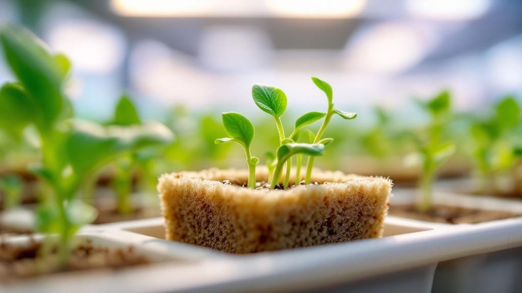 Healthy green seedlings sprouting in a hydroponic starter tray with rockwool cubes.