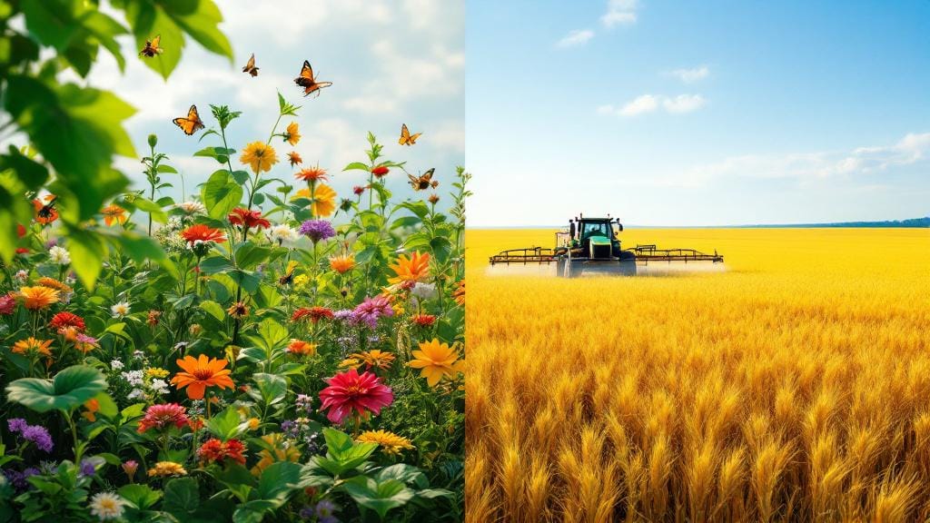 Comparison between a biodiverse natural ecosystem and conventional monoculture farming.