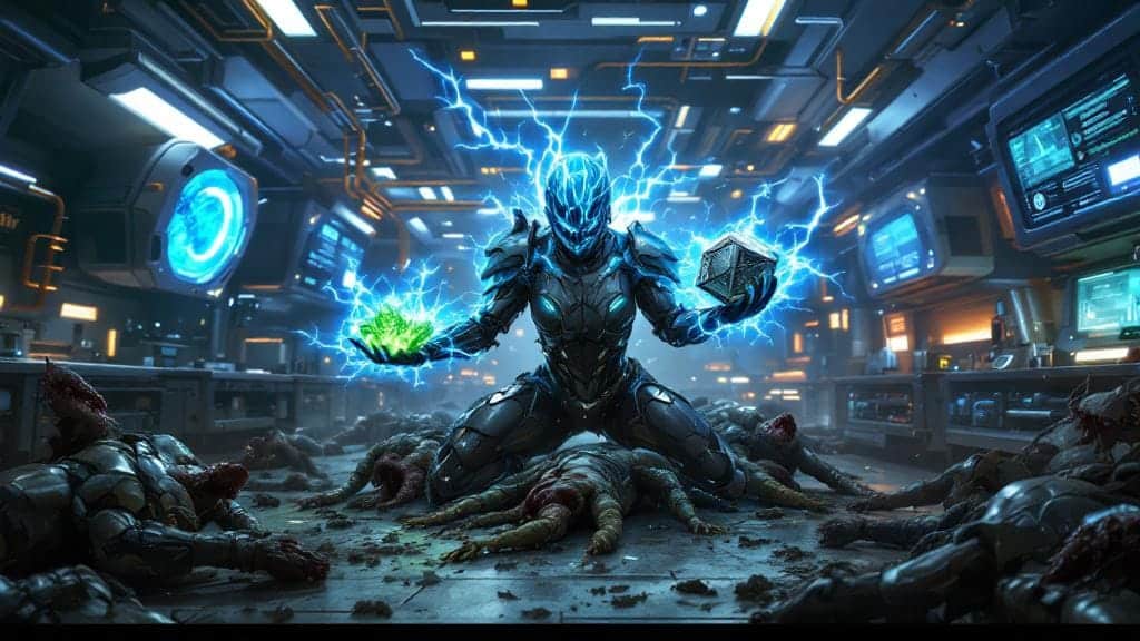 A cinematic view of a Descendant character collecting Organic and Inorganic materials in a science-fiction environment.