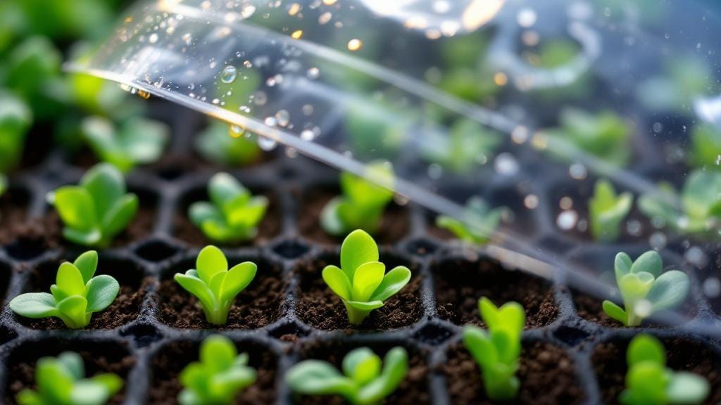 Young lettuce seedlings germinating in rockwool cubes under a hydroponic humidity dome.