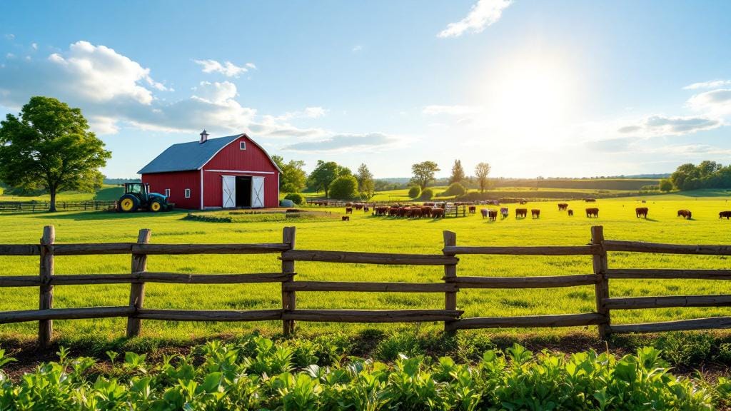 An overview of a traditional farm featuring crops, livestock, and machinery.