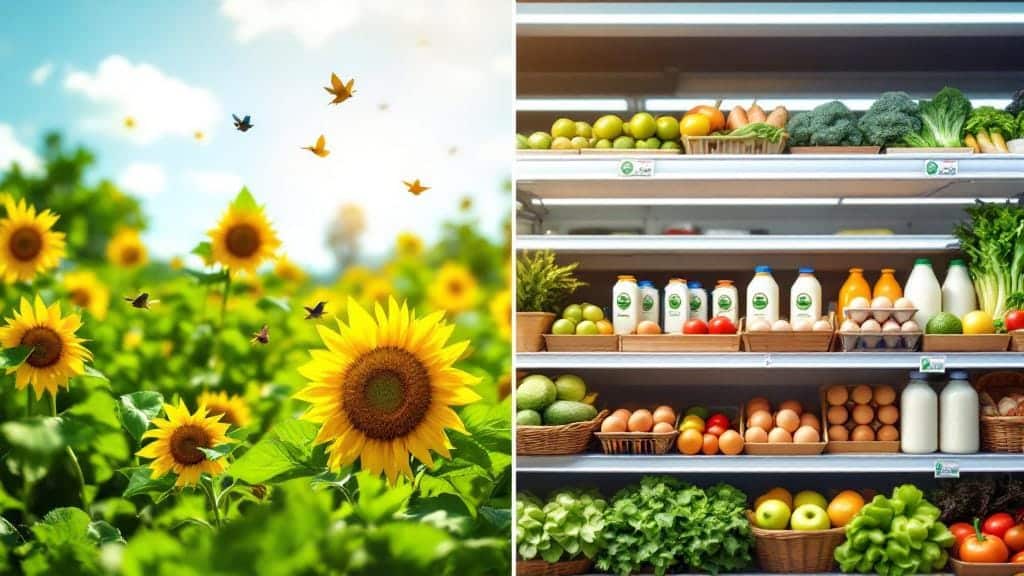A complete view of organic farming and certified organic products in a store.