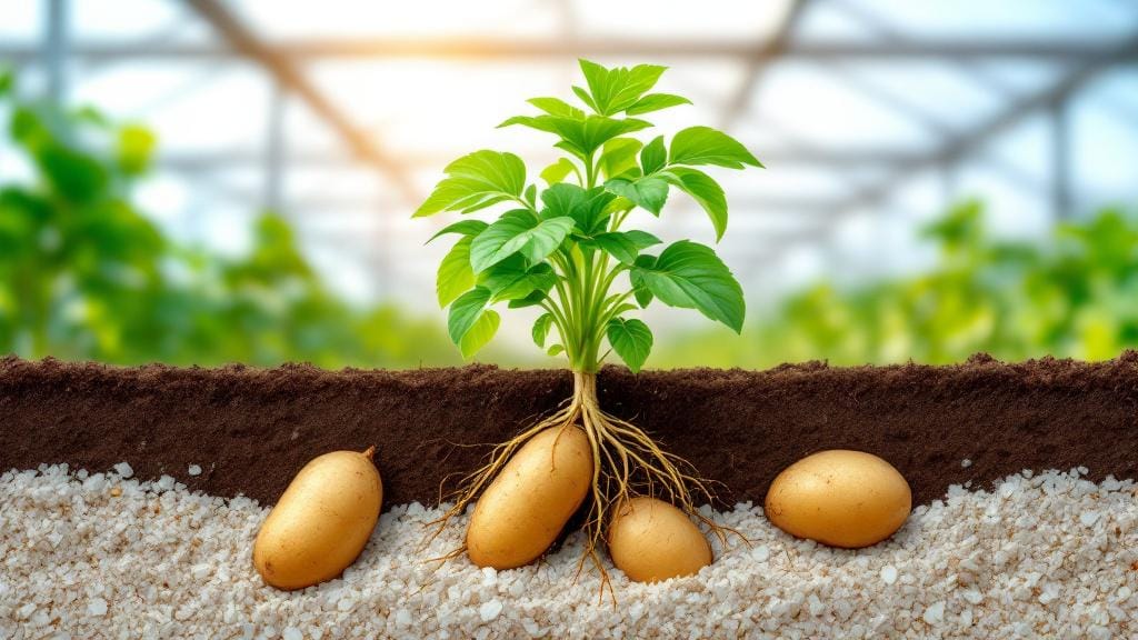 Clean hydroponic potatoes growing in a soil-less medium like perlite and clay pebbles.