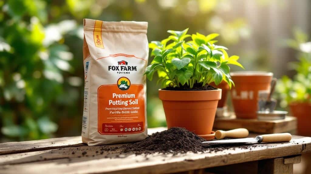 A bag of FoxFarm potting soil used for growing healthy garden plants.