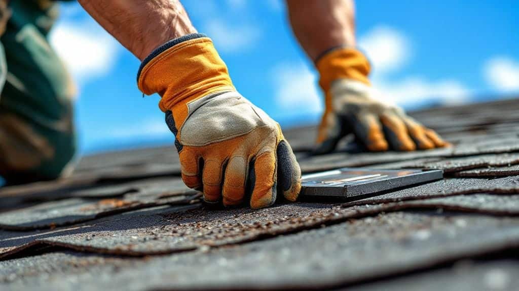 Professional roofing contractor performing detailed roof repair around a vent on a home in Winter Garden, Florida.