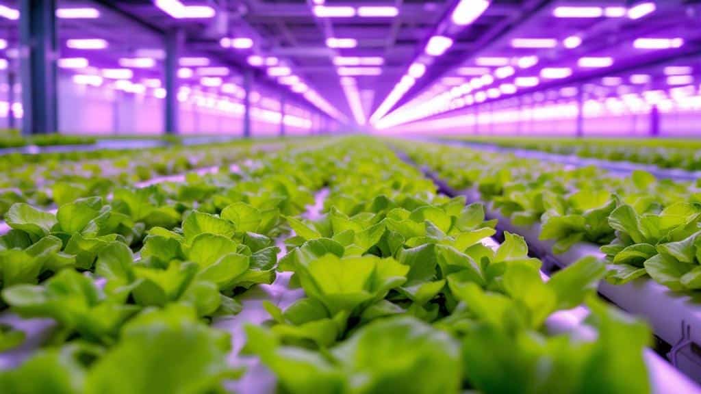 Fresh and crisp hydroponic lettuce growing in a nutrient film technique (NFT) system under LED lights.