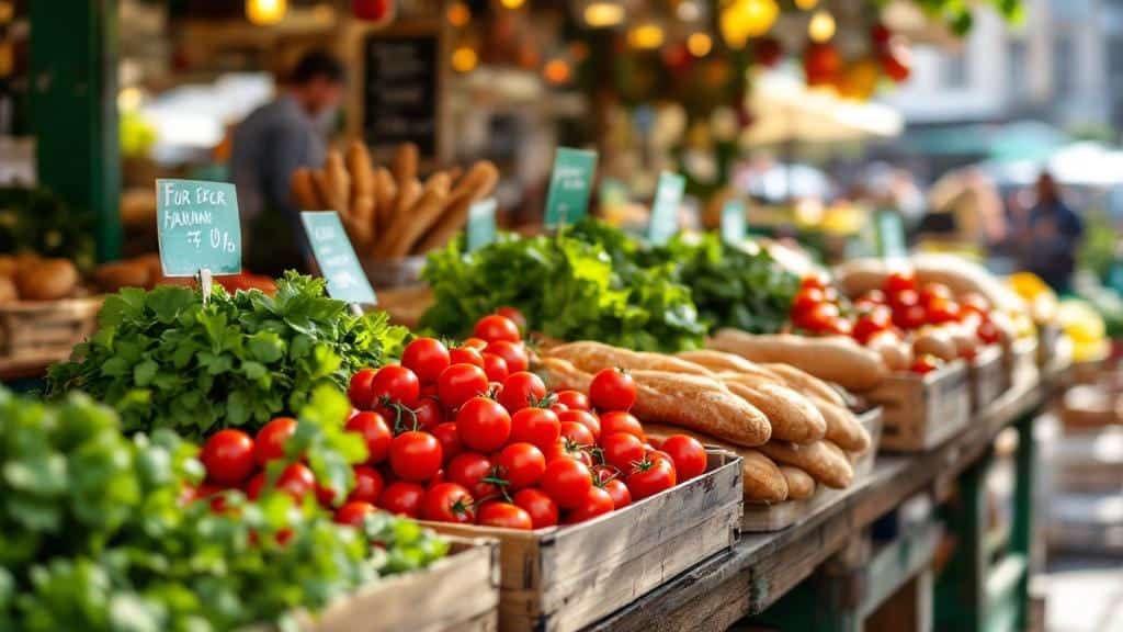 A European market stall selling certified Agriculture Biologique (BIO) food.