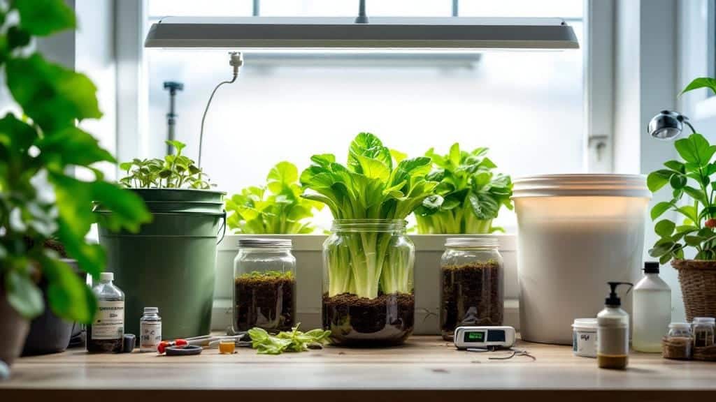 Different types of DIY hydroponic systems for home gardening, including DWC and Kratky.