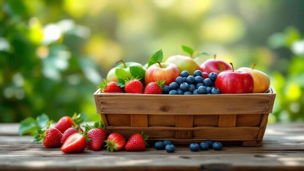A basket of fresh organic fruits showing natural growth and texture.