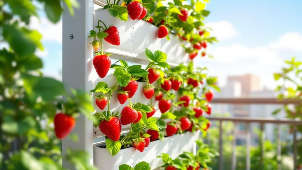Fresh red strawberries growing in a vertical DIY hydroponic tower system.