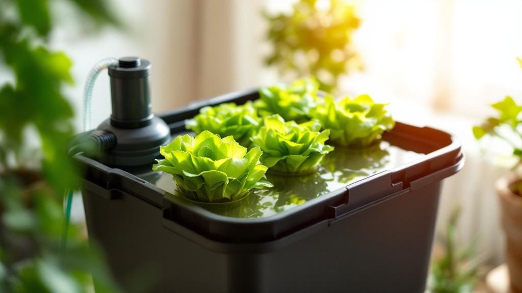 A cheap DIY Deep Water Culture hydroponic system made from a plastic storage tote and an air pump.