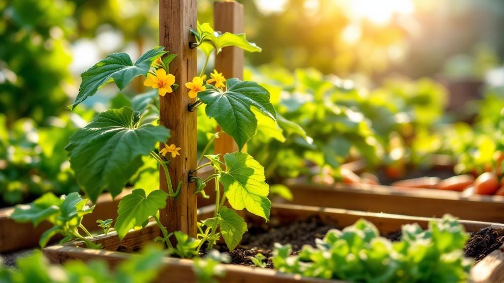 Growing zucchini vertically in a square foot garden to save space and increase yield.