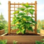 Growing zucchini vertically in a square foot garden to save space and increase yield.
