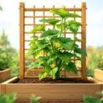 Growing zucchini vertically in a square foot garden to save space and increase yield.