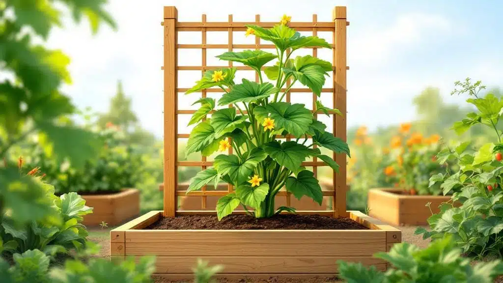 Growing zucchini vertically in a square foot garden to save space and increase yield.