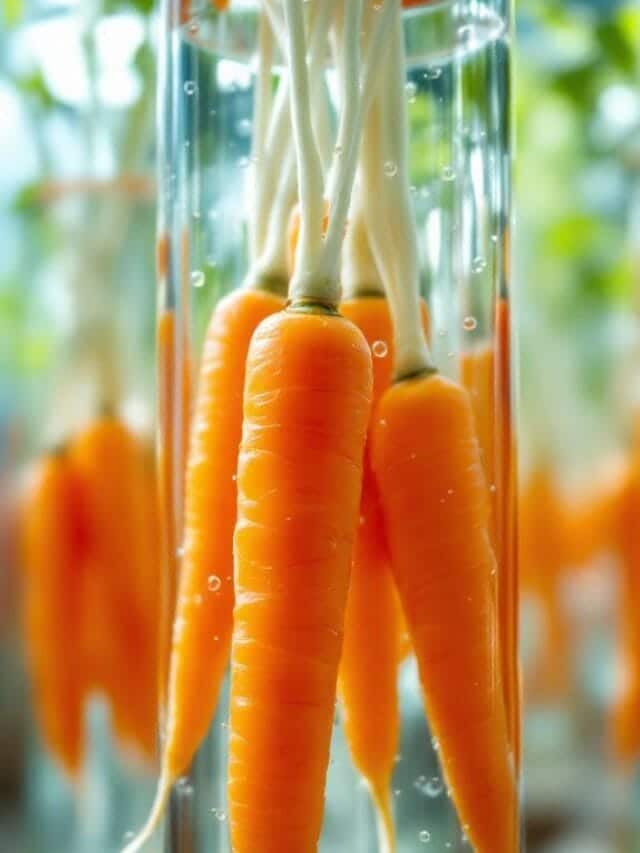 Hydroponic Carrots: Vibrant orange carrots growing purely in water with visible roots, without soil.