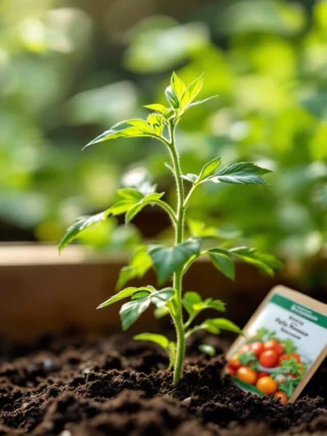 Young container variety tomato plant growing directly in garden soil with a seed packet nearby.