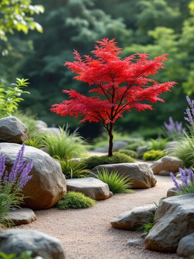 A perfectly arranged peaceful backyard rock garden featuring large weathered stones, red Japanese Maple, purple lavender, and succulents.