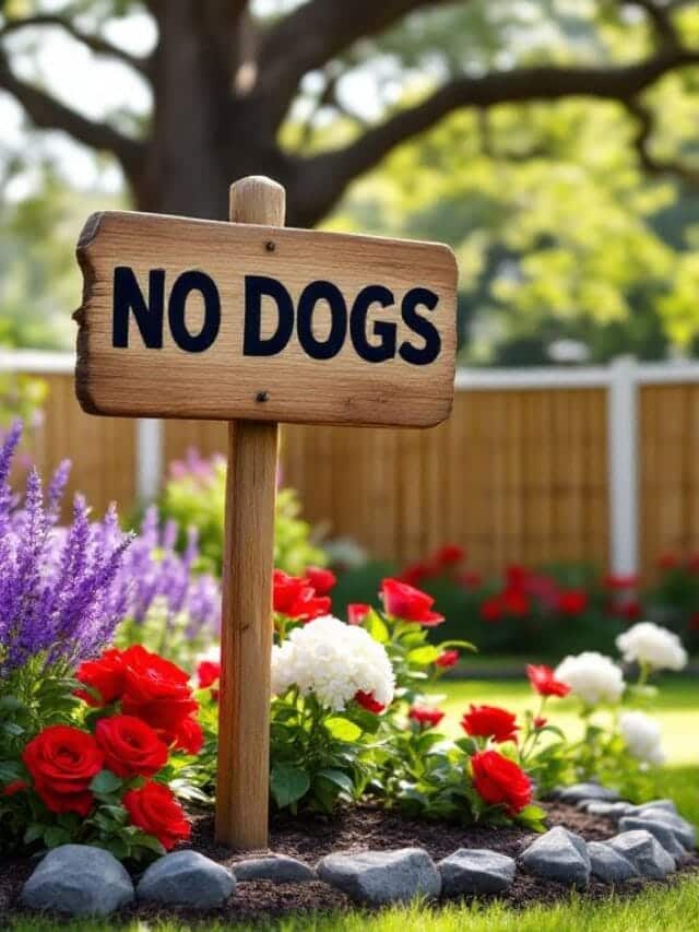 A vibrant backyard with blooming flowers and a prominent 'NO DOGS' sign on a natural bamboo fence surrounding the mulch bed.